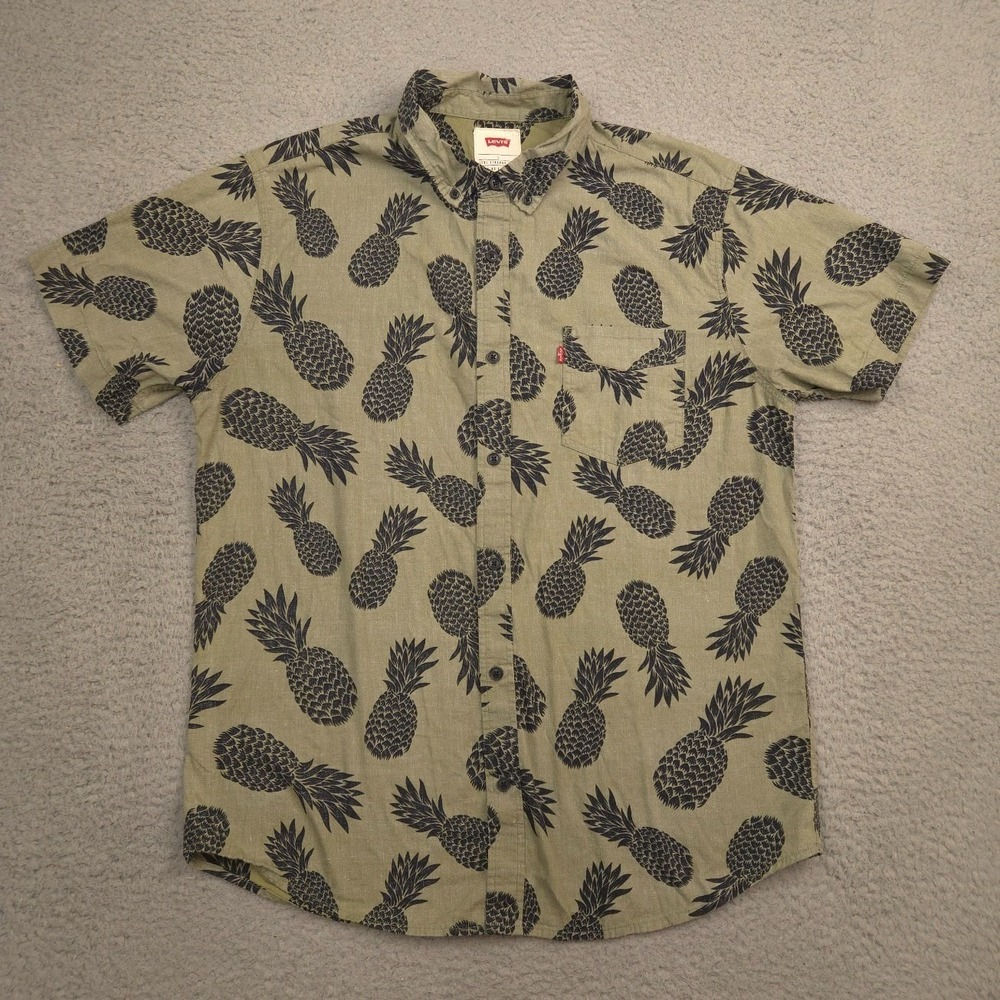 Levis Pineapple Print Button Shirt Men L Green Short Sleeve Casual Cotton